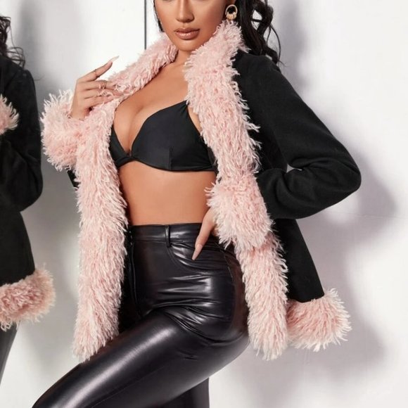 Glamorous pink Fuzzy Faux fur Trim Open Front black Overcoat - Picture 4 of 5